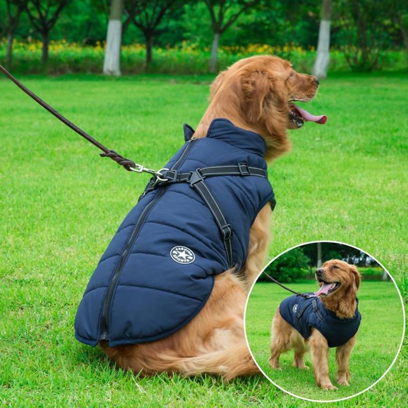 Large Pet Dog Jacket With Harness Winter Warm Dog Clothes Waterproof